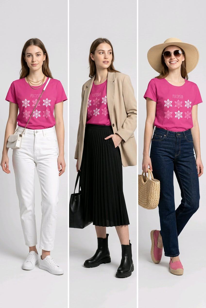 FG0001_ Regular Fit Printed Ladies Tee _Fuchsia_ FotL Open End 165